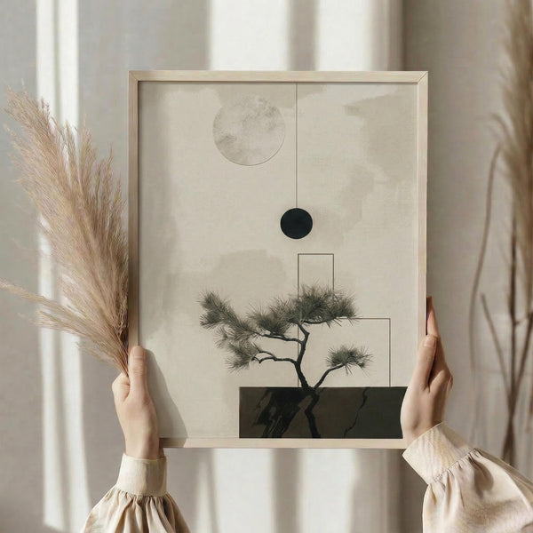 May include: Person in beige clothing holding framed botanical artwork featuring minimalist bonsai tree with geometric circles and rectangles in neutral tones, displayed in light wooden frame against soft curtained window background, with dried pampas grass visible to the side