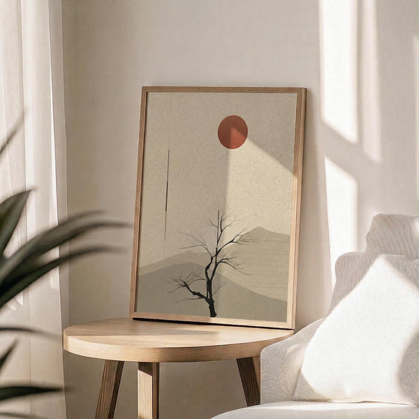 May include: Minimalist poster in natural wood frame displayed on round wooden side table next to beige upholstered chair. Artwork features bare tree silhouette against layered mountain landscape in neutral tones with rust-colored circular sun. Soft natural lighting creates window shadows across white wall, with plant leaves visible in corner of serene living room setting.