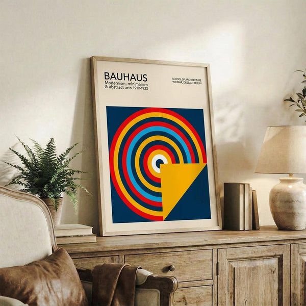May include: Framed Bauhaus poster with colorful concentric circles in red, yellow, blue, and white on navy background, displayed on rustic wooden sideboard alongside books, ceramic vase, and fern plant in modern living room setting with beige armchair and neutral walls