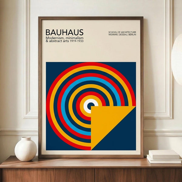 May include: Framed Bauhaus poster with geometric design featuring concentric circles in red, yellow, blue, and white on navy background, displayed on wooden sideboard next to white ceramic vase and stacked books in minimalist room with cream walls and white trim