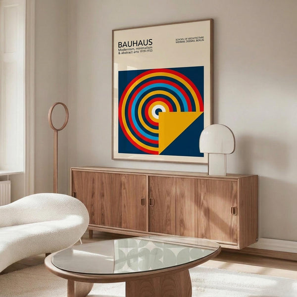 May include: Bauhaus poster with colorful concentric circles in red, yellow, blue, and orange on navy background, displayed above wooden sideboard in minimalist room with white curved chair, glass coffee table, and modern lighting