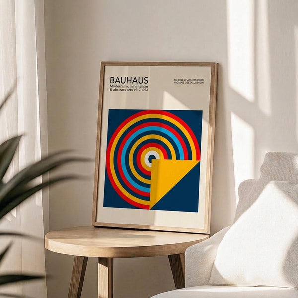 May include: Framed Bauhaus poster with colorful concentric circles in red, yellow, blue, and white on navy background, displayed on wooden round side table next to beige upholstered chair. Natural lighting creates soft shadows on white wall. Plant leaves visible in corner of minimalist modern room setting.