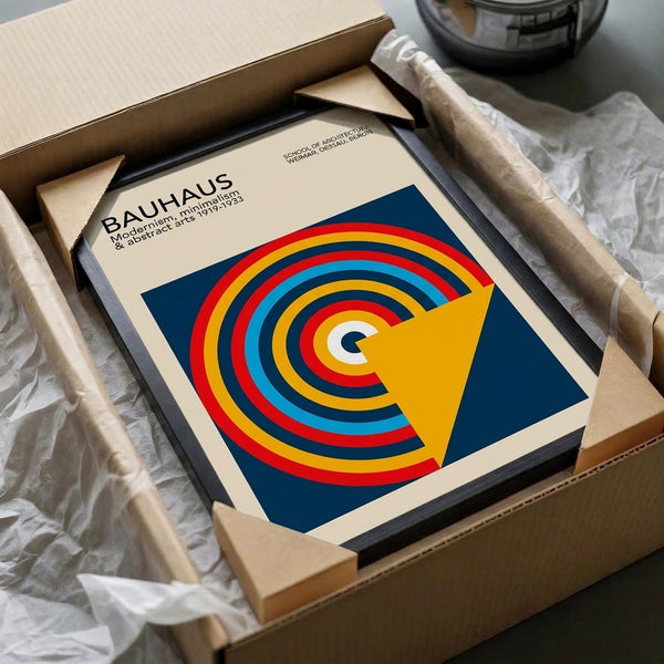 May include: Framed Bauhaus poster with colorful concentric circles and yellow triangle on blue background, packed in cardboard shipping box with protective tissue paper and wooden frame corners visible