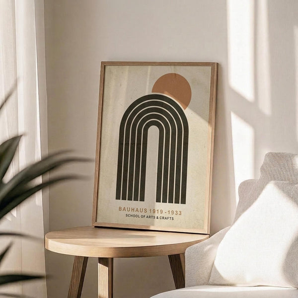 May include: Framed Bauhaus-inspired poster with geometric design featuring dark green nested arches and terracotta circle on cream background, displayed on round wooden side table next to beige upholstered chair. Natural sunlight creates soft shadows across neutral-toned room with plant leaves visible in corner.