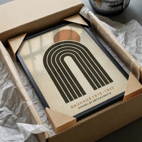 May include: Framed Bauhaus-inspired poster featuring a geometric arch design in dark green with concentric curved lines and an orange circle accent, displayed in black frame within cardboard packaging with protective tissue paper and wooden dowels on white surface