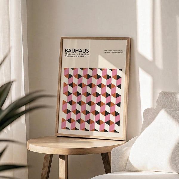 May include: Framed Bauhaus poster with geometric cube pattern in pink, coral, black, and cream colors displayed on round wooden side table next to beige upholstered chair. Natural sunlight creates shadows on neutral wall behind. Green plant leaves visible in corner. Modern minimalist interior styling with warm wood tones and soft textiles.