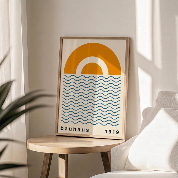 May include: A framed minimalist poster with an orange gradient rainbow arc above wavy blue lines representing water, displayed on a light wood round side table next to a beige upholstered chair. Natural sunlight streams across the white wall creating soft shadows from a plant visible in the corner.