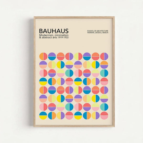 May include: Framed poster with colorful geometric circles arranged in a grid pattern. Features vibrant blues, oranges, purples, yellows, and pinks with text about Bauhaus modernism and minimalism at top. Light wood frame against cream wall background.