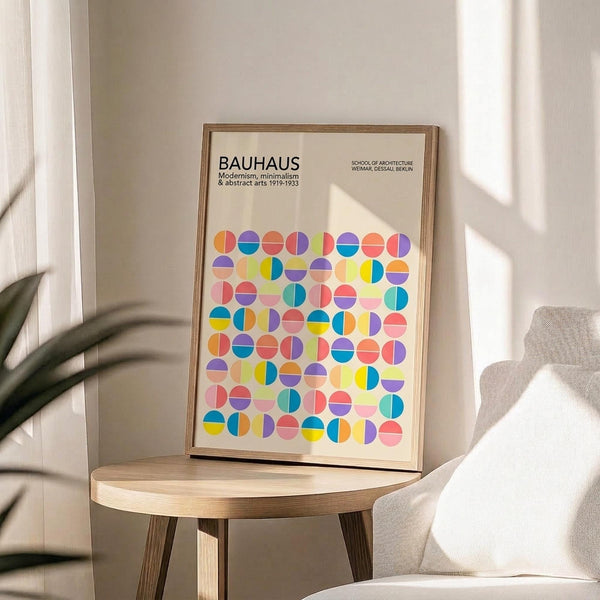 May include: Framed Bauhaus poster with colorful geometric circles in yellow, pink, blue, orange, and purple displayed on light wood round side table next to beige upholstered chair. Natural sunlight streams across white walls creating soft shadows. Green plant leaves visible in corner. Modern minimalist room setting with neutral tones.