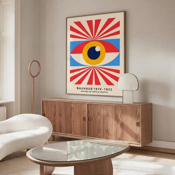 May include: Colorful Bauhaus-style poster with red sunburst rays, central eye design in blue, yellow and white, and "School of Arts & Crafts" text, displayed above wooden sideboard with white ceramic lamp and sculptural vase in minimalist living room with cream chair and glass coffee table