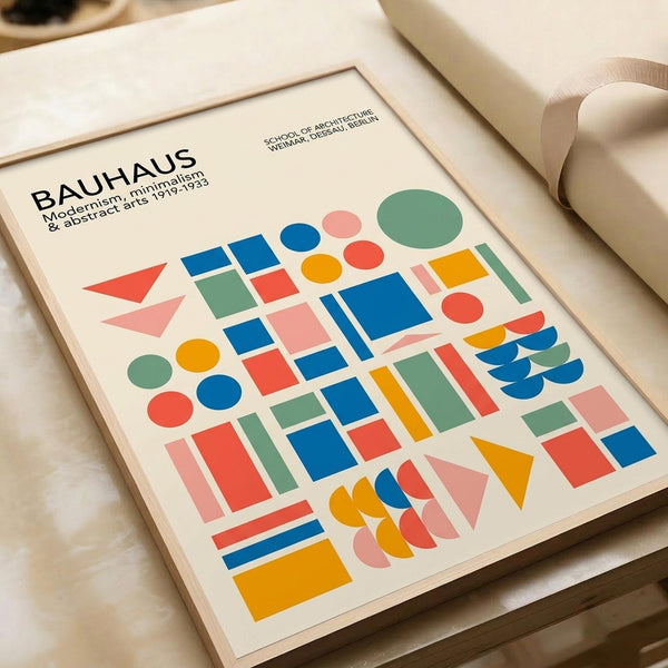May include: Framed Bauhaus poster with colorful geometric shapes including circles, squares, triangles and rectangles in blue, red, orange, green and pink on cream background. Print sits on light wooden surface next to rolled paper tube, showing modernist design elements arranged in grid-like composition with clean typography.