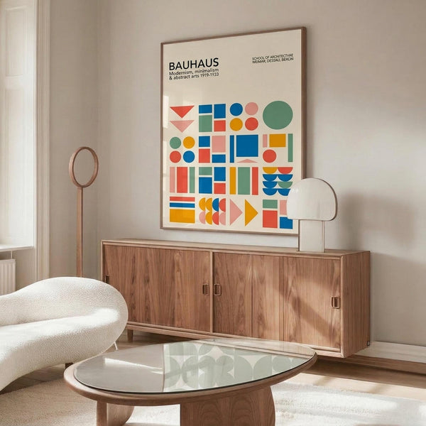 May include: Colorful Bauhaus poster with geometric shapes in red, blue, green, yellow and pink mounted above wooden sideboard in modern living room. White curved chair and glass coffee table visible. Poster features abstract minimalist design with circles, triangles, rectangles and text referencing the German design school. Natural lighting creates warm, contemporary interior setting with neutral walls.