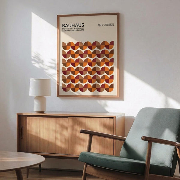 May include: Framed Bauhaus poster with geometric pattern of overlapping circles in warm orange, red, and brown tones, displayed above mid-century modern wooden credenza with white ceramic lamp. Mint green upholstered armchair with wooden frame sits nearby on wooden floor with natural sunlight casting shadows across white wall.