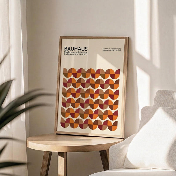 May include: A framed Bauhaus poster with geometric pattern of overlapping circles in warm autumn colors - orange, burgundy, and brown tones arranged in rows. The cream-colored print sits on a round wooden side table next to a beige upholstered chair. Natural sunlight streams through white curtains creating soft shadows, with a plant visible in the corner of this minimalist modern interior setting.