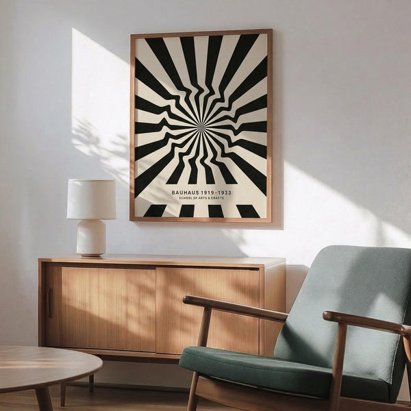 May include: Black and white optical illusion poster with radiating geometric pattern creating tunnel-like effect, displayed in thin wooden frame above mid-century modern credenza. Scene shows sage green upholstered armchair with wood arms, white ceramic table lamp, and natural sunlight casting shadows on white wall in minimalist living room setting.
