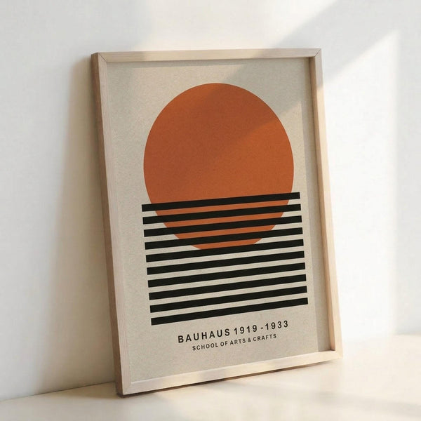 May include: Framed minimalist poster featuring large orange semicircle above horizontal black and white stripes on cream background, displayed in light wood frame leaning against white wall corner. Clean geometric design with "BAUHAUS 1919-1933 SCHOOL OF ARTS & CRAFTS" text at bottom in black sans-serif font.