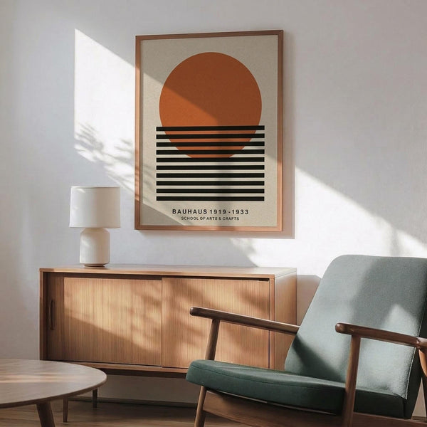 May include: Framed Bauhaus-style poster featuring an orange sunset circle above horizontal black stripes on cream background, displayed above wooden sideboard with white ceramic lamp, next to mid-century modern green upholstered chair with wooden arms in sunlit room with white walls.