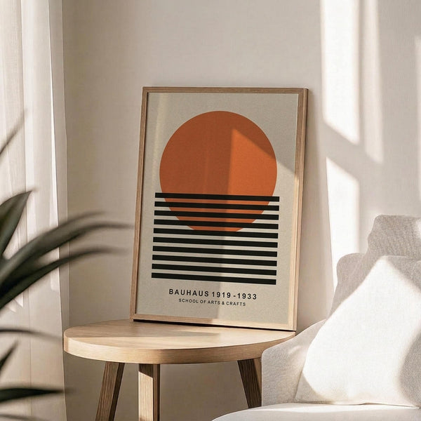 May include: Framed Bauhaus-style poster featuring orange semicircle above black horizontal stripes on cream background, displayed on round wooden side table next to beige upholstered chair. Natural sunlight streams across neutral-toned room with plant leaves visible in corner. Poster has thin wooden frame and minimalist geometric design in warm earth tones.