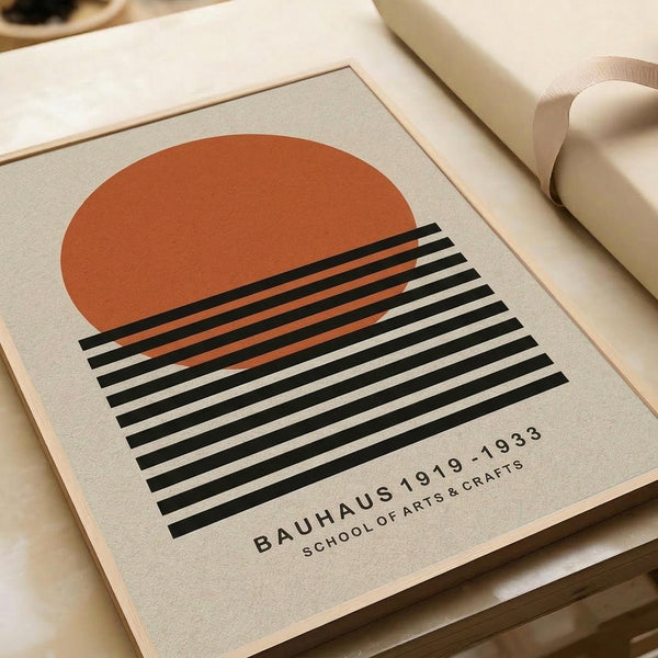 May include: Framed Bauhaus-inspired poster print featuring a large orange semicircle above horizontal black and white stripes on cream background, displayed on neutral bedding next to a curved ceramic vase in soft natural lighting