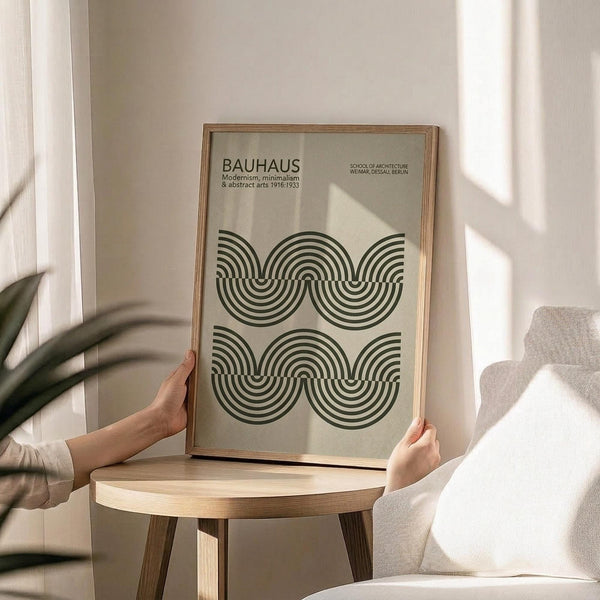 May include: Person holding framed Bauhaus poster with geometric pattern of interlocking curved lines in dark green on cream background. Natural wood frame sits on round wooden side table next to beige upholstered chair. Soft natural lighting creates shadows on neutral wall, with plant leaves visible in corner of minimalist room setting.