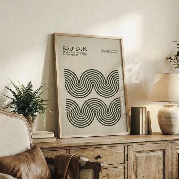 May include: Framed Bauhaus poster with black wavy geometric lines on cream background, displayed on rustic wooden sideboard beside potted fern, ceramic vase, and stacked books in warm-toned living room setting with beige armchair and throw pillows