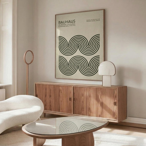 May include: Minimalist Bauhaus poster with geometric wave pattern in dark green on cream background, displayed above wooden credenza in modern living room. White curved chair and glass coffee table visible. Natural lighting creates shadows across walnut furniture and light walls.