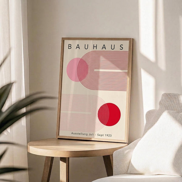 May include: Framed Bauhaus exhibition poster with geometric design featuring pink and red circles with curved line patterns, displayed on wooden round table next to beige upholstered chair. Natural lighting creates soft shadows on neutral wall background with plant leaves visible in corner.