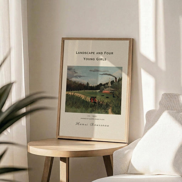 May include: Framed art print of Henri Rousseau's pastoral landscape painting featuring four young girls in a green countryside scene with rolling hills, trees, and buildings in the distance. The print has cream matting with black text and sits on a round wooden side table next to a beige upholstered chair. Soft natural lighting creates shadows from a nearby plant, giving the room a warm, minimalist aesthetic with neutral tones throughout.