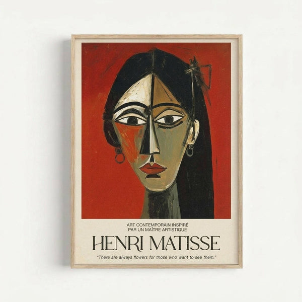 Framed art print featuring a stylized portrait of a woman with long black hair and geometric facial features in muted greens, oranges, and reds against a vibrant red background. The modernist-style artwork displays asymmetrical eyes, defined eyebrows, red lips, and dangling earrings. Below the image is French text and the name "HENRI MATISSE" followed by a quote about flowers. The print is displayed in a simple light wood frame against a white wall.