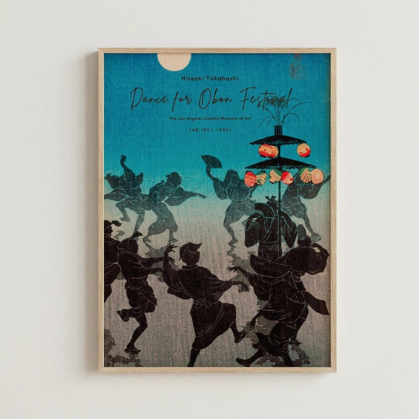 May include: Framed vintage Japanese art poster showing silhouetted figures dancing around a person carrying a traditional lantern structure. The scene features a gradient blue-to-cream background with dark dancing figures in traditional clothing. The artwork is displayed in a light wood frame against a white wall, showcasing the classic ukiyo-e woodblock print style with museum exhibition text at the top.