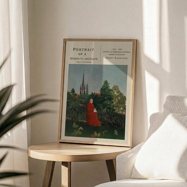 May include: Framed art print on light wood round table beside beige upholstered chair. Print shows woman in red dress sitting in lush green landscape with church spire visible through trees. Poster has cream background with black text above colorful naive-style painting. Soft natural lighting creates shadows from nearby plant leaves on white wall.
