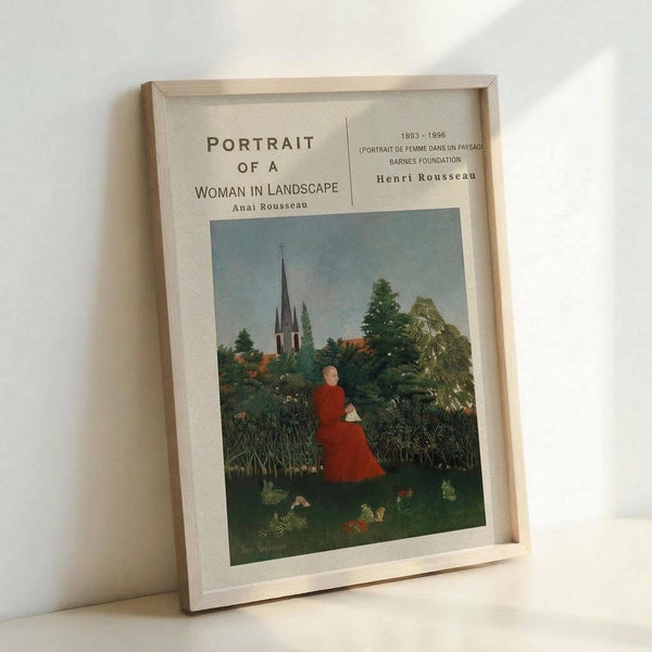 May include: Framed art print showing a woman in red dress sitting in lush green landscape with church spire in background. Light wood frame with white matting displays reproduction of naive-style painting with detailed foliage and pastoral scene. Print leaning against white wall on light surface, showing museum-quality presentation with artist and date information at top.