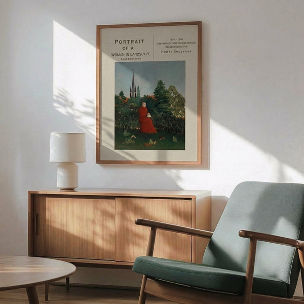 May include: Framed art poster showing woman in red dress seated in lush green landscape with church spire in background. Warm wood credenza below holds ceramic table lamp. Sage green upholstered chair with wooden arms sits nearby. Natural sunlight creates dramatic shadows across white wall in modern living room setting.
