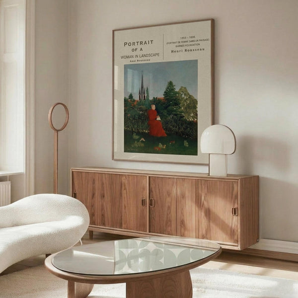 May include: A framed art poster showing a woman in a red dress standing in a lush green landscape with trees and a church spire in the background. The print is displayed above a wooden sideboard in a modern living room with a white curved chair, glass coffee table, and minimalist white table lamp. The poster has a beige border with black text and appears to be in a thin wooden frame against white walls.