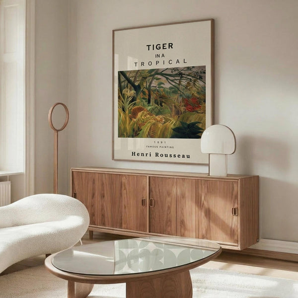 May include: Framed art print hanging above wooden sideboard in modern living room. Print features tropical jungle scene with lush green foliage and plants in painterly style, with "TIGER IN A TROPICAL" text at top and "Henri Rousseau" at bottom. Room includes white curved chair, glass oval coffee table, floor lamp, and table lamp on credenza against neutral walls.