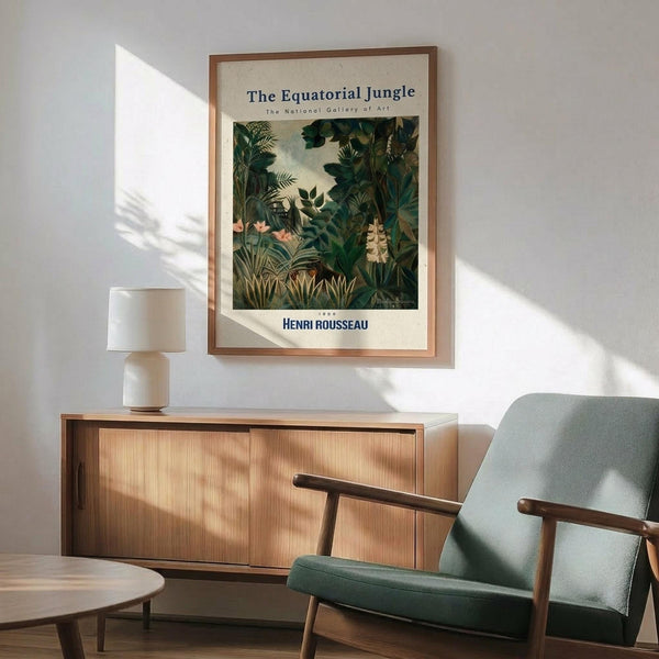 May include: Framed poster print featuring a lush tropical jungle scene with dense green foliage, palm fronds, and exotic plants in rich emerald and forest green tones. The artwork shows detailed botanical illustrations in a painterly style. Displayed above a mid-century modern wooden credenza with sliding doors and a white ceramic table lamp. A sage green upholstered armchair with wooden frame sits nearby, alongside a round wooden side table. Warm natural sunlight creates dramatic shadows acros