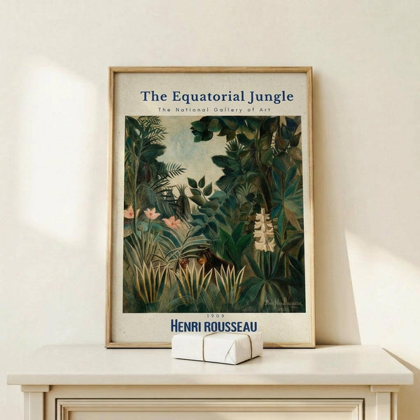 May include: Framed vintage botanical art print showing dense tropical jungle foliage with palm fronds, exotic plants, and small pink flowers against a pale sky. The poster features rich greens and earth tones in a detailed illustrative style, displayed in a light wood frame on a minimalist white wooden shelf alongside a small geometric white object.