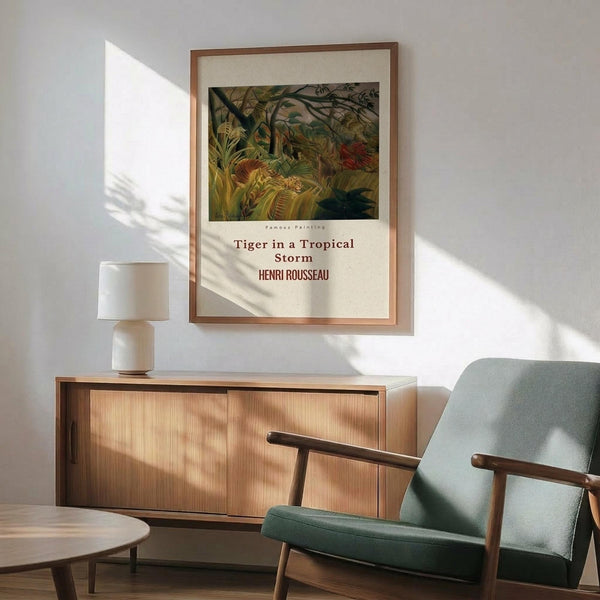 May include: Framed poster print featuring Henri Rousseau's tropical jungle scene with tiger, displayed above a mid-century modern wooden sideboard in a minimalist living room. Print shows lush green foliage with red accents in natural wood frame. Scene includes sage green upholstered armchair, small white table lamp, and circular coffee table with warm sunlight creating shadows on white wall.