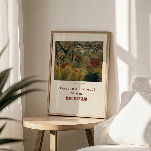 May include: Framed art print of Henri Rousseau's tropical jungle painting featuring a tiger among lush green foliage and plants during a storm. The poster has cream matting with black text below the colorful artwork. Displayed on a round wooden side table next to a beige upholstered chair with natural lighting creating soft shadows on white walls.
