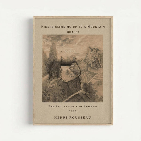 May include: Framed vintage-style art print hanging on white wall showing sepia-toned illustration of hikers climbing mountainous landscape with chalet, trees, and rocky terrain. Features museum-style presentation with beige matting, light wood frame, and text identifying artwork as 1888 piece from The Art Institute of Chicago by Henri Rousseau.
