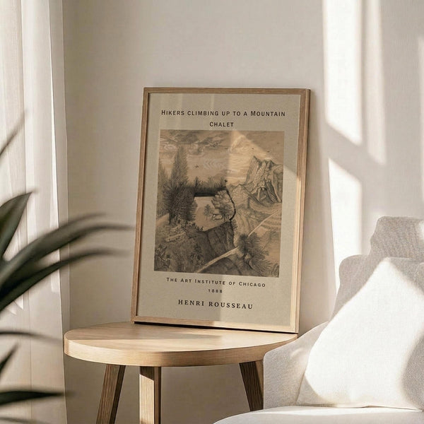 May include: A framed vintage art print displayed on a round wooden side table next to a beige upholstered chair. The artwork shows hikers climbing toward a mountain chalet in sepia tones, with text identifying it as from The Art Institute of Chicago, 1888, by Henri Rousseau. The thin gold frame catches natural light streaming through nearby windows, with a plant visible in the corner of this neutral-toned interior setting.