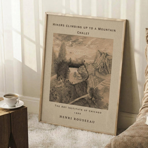 May include: Vintage-style poster in light wooden frame leaning against white wall. Features sepia-toned illustration of hikers climbing rocky mountain path toward chalet, with evergreen trees and dramatic sky. Text reads "HIKERS CLIMBING UP TO A MOUNTAIN CHALET" at top, "THE ART INSTITUTE OF CHICAGO 1888" and "HENRI ROUSSEAU" at bottom. Scene shows cozy room setting with coffee cup on wooden block, cream textured rug, and soft blanket nearby.