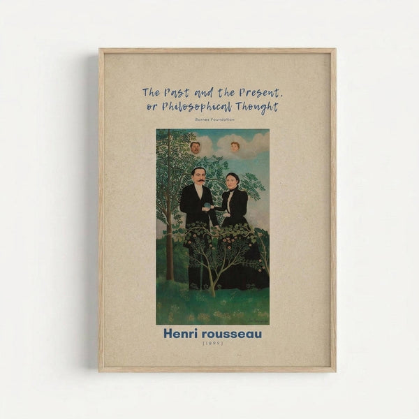 Framed art print featuring Henri Rousseau's 1899 painting showing two men in dark formal attire standing beneath lush green tropical foliage, with two faces appearing in clouds above them. The artwork displays Rousseau's characteristic naive style with vibrant greens and detailed botanical elements. Mounted in a light wood frame against a cream colored mat, displayed on a white wall.