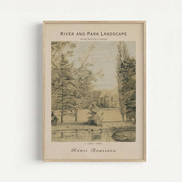 A vintage botanical sketch in sepia tones showing a peaceful riverside scene with tall trees, a wooden fence, and calm water. The artwork is displayed in a light wood frame against a white wall, with text reading "River and Park Landscape" at the top, "The Art Institute of Chicago" below that, dates "ca. 1885-1890" at the bottom of the image, and "Henri Rousseau" in script lettering beneath.
