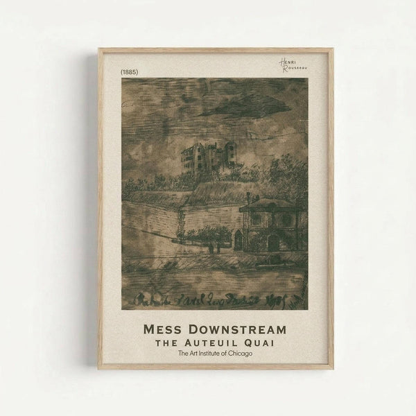 Framed vintage-style art print showing an etching of riverside buildings and quay from 1885 by Henri Rousseau. The sepia-toned artwork depicts old European architecture along a waterfront with detailed cross-hatching technique. Print includes artist signature, date, title "Mess Downstream The Auteuil Quai" and "The Art Institute of Chicago" text below the image. Light wood frame against white wall background.