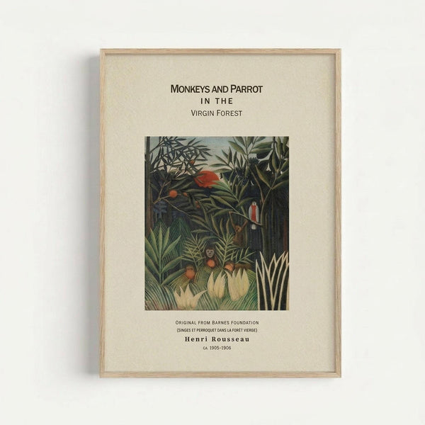 Framed art print showing Henri Rousseau's jungle painting with monkeys and a red parrot among lush green tropical foliage. The artwork is displayed in a light wood frame with cream matting against a white wall. The print includes text above and below the colorful botanical illustration, featuring dense palm fronds, exotic plants, and wildlife in Rousseau's distinctive naive art style with rich greens, oranges, and vibrant red accents.