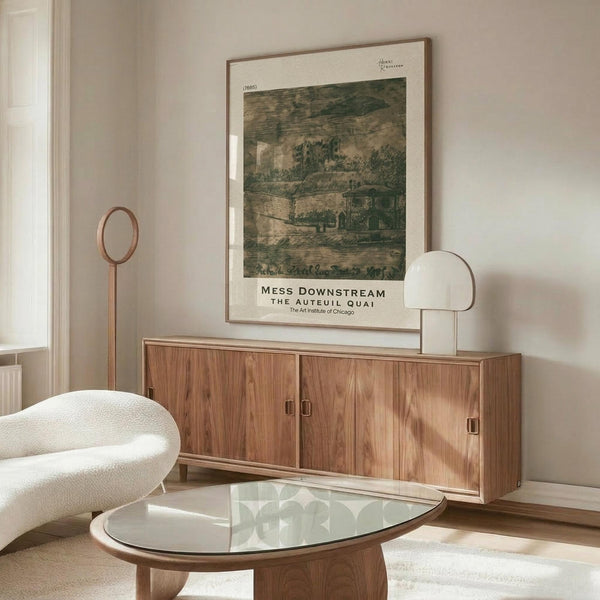 May include: Framed vintage art print displayed on wooden credenza in modern living room setting. Print features muted green and beige landscape scene. Room styled with cream upholstered chair, glass-top oval coffee table, sculptural floor lamp, and table lamp. Warm wood tones throughout with neutral color palette and natural lighting from window.