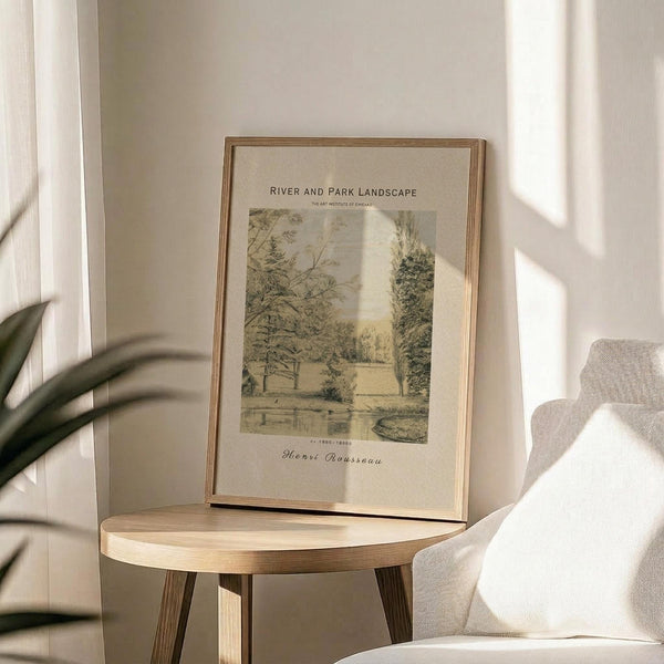 May include: Framed vintage-style botanical landscape print displayed on round wooden side table next to beige upholstered chair. Print features sepia-toned trees and water scene with cream matting in thin gold frame. Soft natural lighting creates shadows across white wall. Green plant leaves visible in corner, neutral home decor setting.