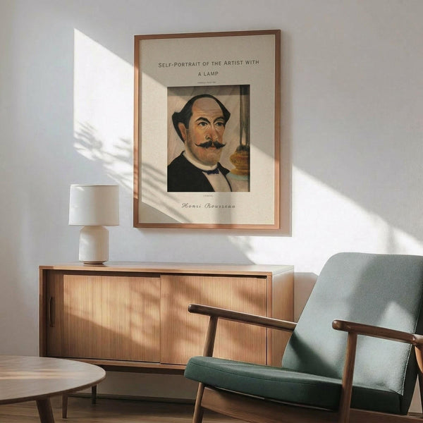 May include: Framed Henri Rousseau self-portrait print hanging on white wall above wooden credenza. The artwork shows a man with dark hair and mustache in formal black attire. Modern living room setting with mint green upholstered armchair, white table lamp, and natural lighting casting geometric shadows across the scene.