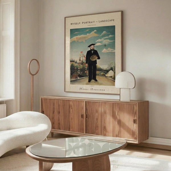 May include: vintage art poster of bearded man in black suit holding palette, standing before pastoral landscape with bridge and buildings under cloudy sky, displayed above mid-century walnut credenza in modern living room with cream chair, glass coffee table, and minimalist decor